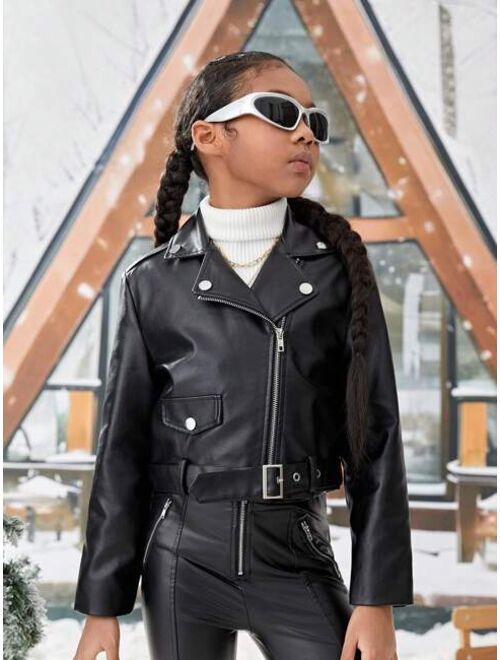 SHEIN Kids SHEIN Tween Girls' Autumn And Winter Casual Cool Solid Color Motorcycle Style Pu Leather Jacket
