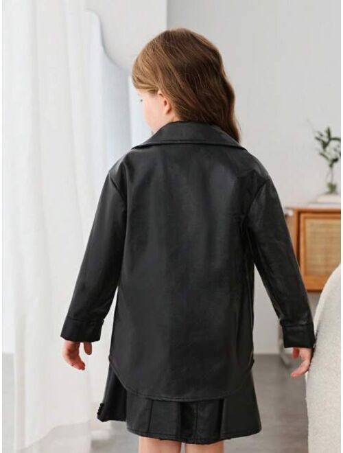 SHEIN Young Girl Flap Pocket Drop Shoulder PU Leather Coat