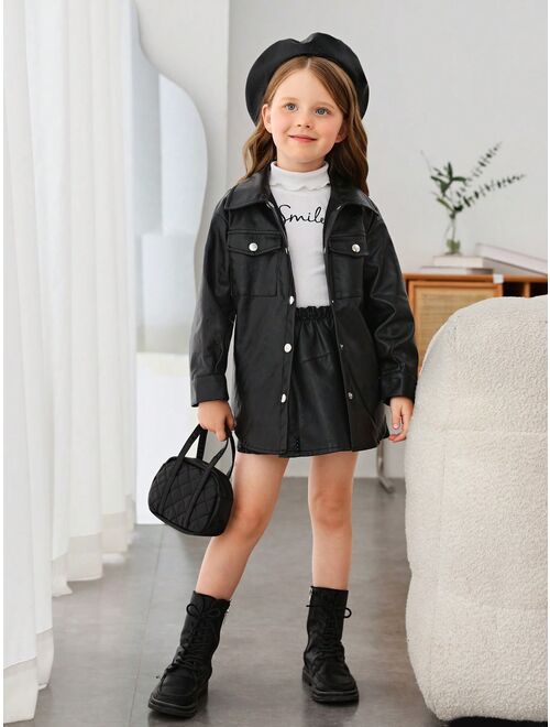 SHEIN Young Girl Flap Pocket Drop Shoulder PU Leather Coat