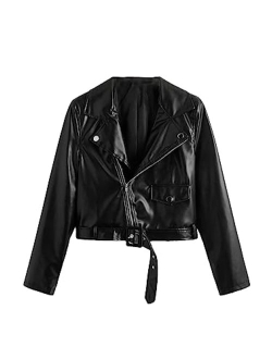 QWINEE Girls Long Sleeve Lapel Neck Zipper Belted Children's Slim Coat PU Leather Moto Jacket Overwear