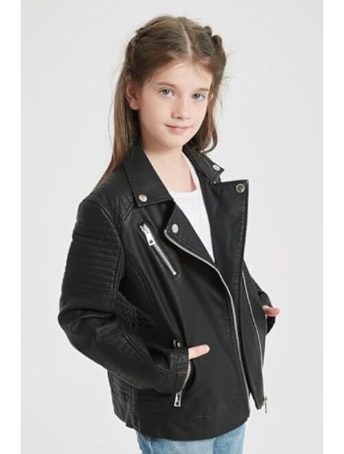 Giolshon 2023 Fall Girls Faux Leather Jacket for Kids PU Motorcycle Biker Outwear Children's Slim Coat