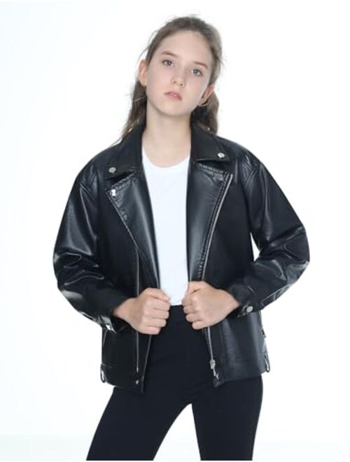 Mebius Girls Leather Jacket Kids Long Sleeve PU Faux Leather Pockets Youth Zip Up Outerwear Coats