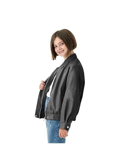 Rolanko Girls Faux Leather Jacket Kids Zip Up Motorcycle Biker Outerwear Coat Pleather Bomber Jacket with Pockets 5-15 Years