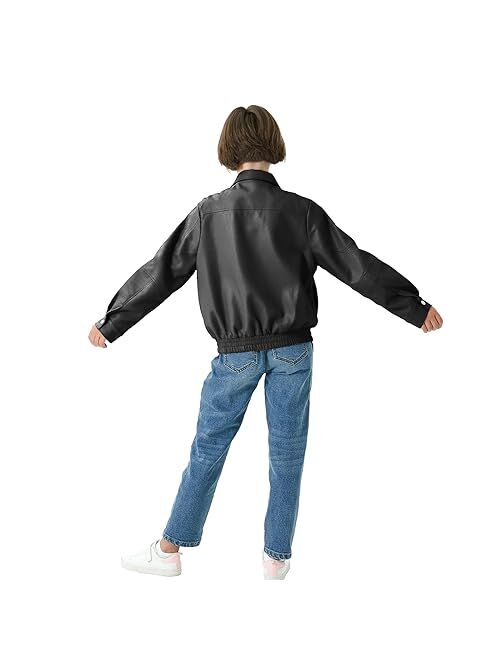 Rolanko Girls Faux Leather Jacket Kids Zip Up Motorcycle Biker Outerwear Coat Pleather Bomber Jacket with Pockets 5-15 Years