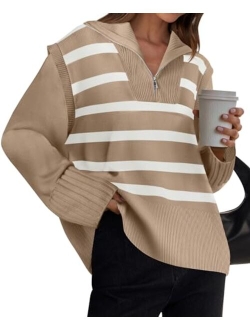 Women's 2024 Winter Striped Sweaters 1/4 Zip V Neck Long Sleeve Chunky Knit Oversized Tunic Pullover Jumper Tops