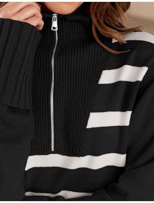 ZESICA Women's 2024 Winter Striped Sweaters 1/4 Zip V Neck Long Sleeve Chunky Knit Oversized Tunic Pullover Jumper Tops