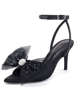 Coutgo Women's Mesh Bow Tie Heels Rhinestone Pointed Toe Lace Up Stilettos Dress Party Pump Shoes