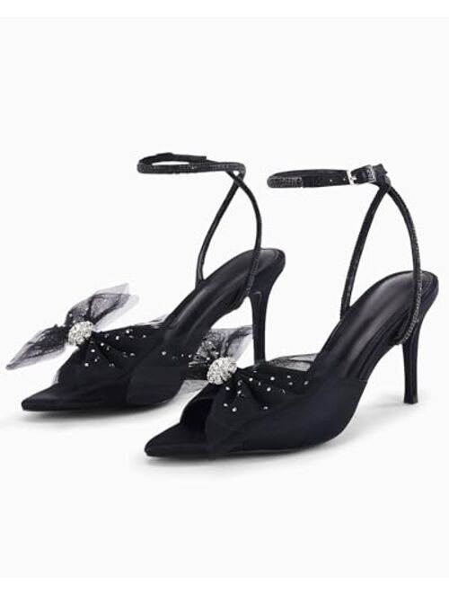 Coutgo Women's Mesh Bow Tie Heels Rhinestone Pointed Toe Lace Up Stilettos Dress Party Pump Shoes