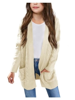 Batermoon Girls' Cardigan Sweaters Kids Cable Knit Casual Oversized Open Front Knitted Outerwear with Pocket