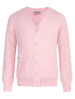 Girls Cardigan School Uniforms Hollow Knit Long Sleeve Button Sweater for 5-12Y