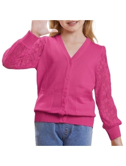 Girls Cardigan School Uniforms Hollow Knit Long Sleeve Button Sweater for 5-12Y