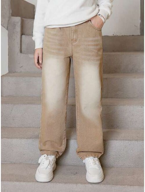 Shein Tween Boys' New Trendy Casual Slim Fit Water Wash Denim Pants, Versatile
