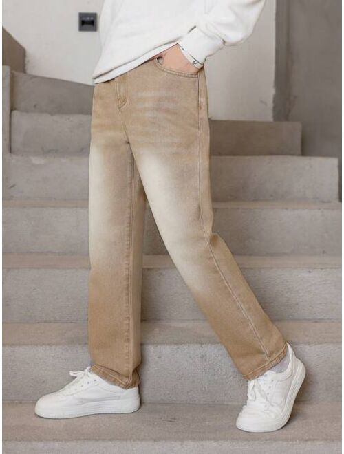 Shein Tween Boys' New Trendy Casual Slim Fit Water Wash Denim Pants, Versatile