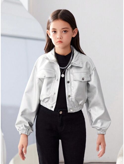 SHEIN Kids SHEIN Tween Girl Solid Color Short Pu Leather Jacket With Flap Pockets