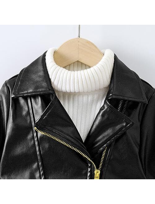 Generic Boys Girls Coat Autumn Winter Solid Color Long Sleeve Lapel Zipper PU Faux Leather Jacket Zipper Outerwear Coat