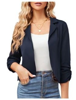 Women's Business Casual Cropped Blazer Jackets Ruched 3/4 Sleeve Open Front Fitted Coat