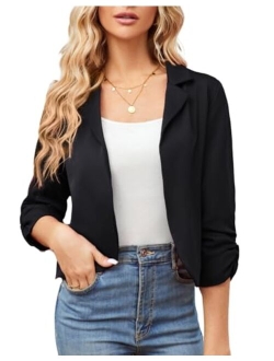 Women's Business Casual Cropped Blazer Jackets Ruched 3/4 Sleeve Open Front Fitted Coat