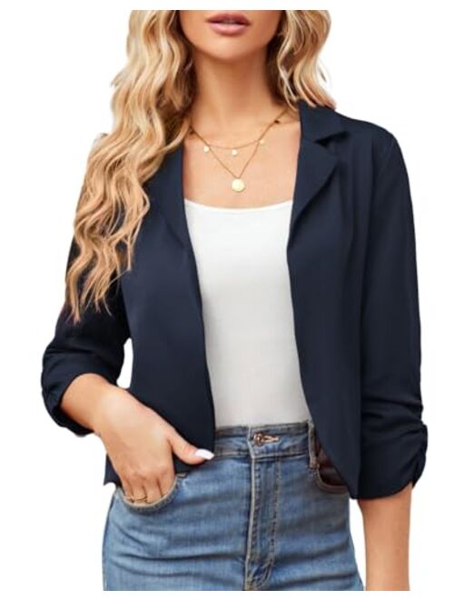 GRACE KARIN Women's Business Casual Cropped Blazer Jackets Ruched 3/4 Sleeve Open Front Fitted Coat