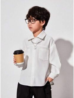 Kids SHEIN Young Boys' Casual Loose Fit Solid Color Shirt With Patch Pockets, Long Sleeve