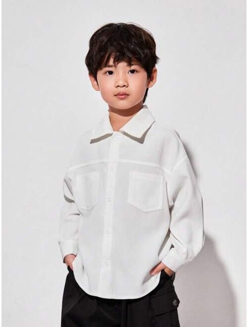 SHEIN Kids SHEIN Young Boys' Casual Loose Fit Solid Color Shirt With Patch Pockets, Long Sleeve