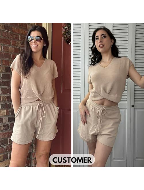 EXLURA Women's 2024 Summer 2 Piece Outfits Matching Shorts Sets Knit Sweater Twist Top and ShortS Romper with Pockets