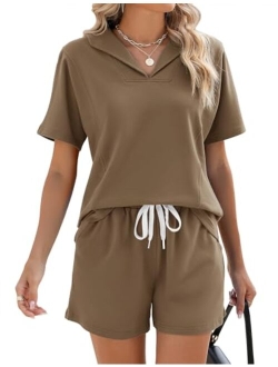LOMON Womens 2 Piece Lounge Sets Summer Short Sleeve Collared Tops and Drawstring Shorts with Pockets Matching Sweatsuits