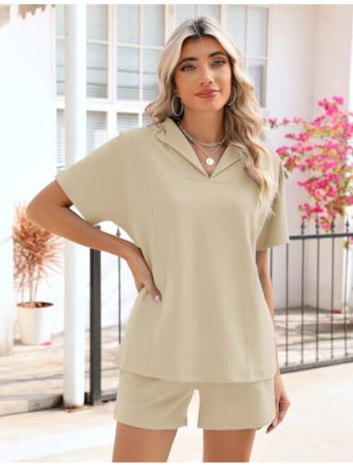 LOMON Womens 2 Piece Lounge Sets Summer Short Sleeve Collared Tops and Drawstring Shorts with Pockets Matching Sweatsuits