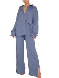 LYANER Women's 2 Piece Outfits Button Down Long Sleeve Shirt and Wide Leg Pants Set
