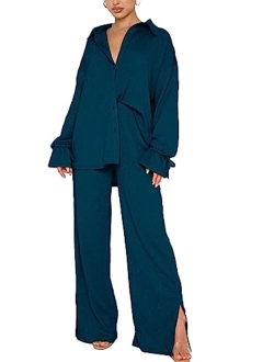 LYANER Women's 2 Piece Outfits Button Down Long Sleeve Shirt and Wide Leg Pants Set