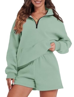 FKEEP Womens Sweatsuits 2 Piece Outfits Half Zip Sweatshirt Sweat Shorts with Pockets Lounge Sets