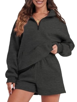 FKEEP Womens Sweatsuits 2 Piece Outfits Half Zip Sweatshirt Sweat Shorts with Pockets Lounge Sets