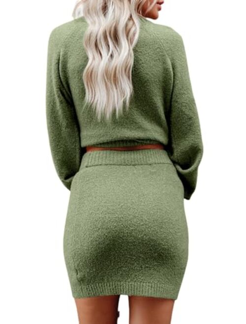 MARZXIN Women's 2 Piece Outfits Sweater Set Puff Long Sleeve Knit Cropped Top and Bodycon Mini Skirt Sweater Dress