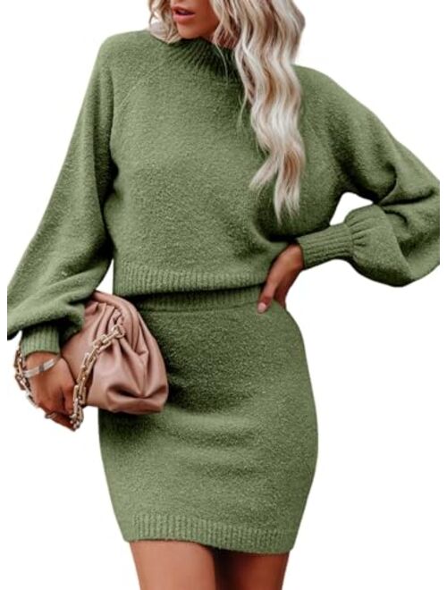 MARZXIN Women's 2 Piece Outfits Sweater Set Puff Long Sleeve Knit Cropped Top and Bodycon Mini Skirt Sweater Dress