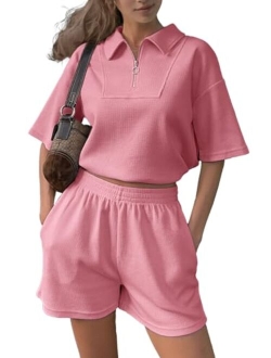 Glamaker Women's Casual 2 Piece Outfits Quarter Zip Summer Short Sets Sweatsuits Crop Top Short Sleeve Tracksuit