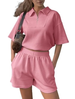 Glamaker Women's Casual 2 Piece Outfits Quarter Zip Summer Short Sets Sweatsuits Crop Top Short Sleeve Tracksuit