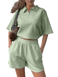 Glamaker Women's Casual 2 Piece Outfits Quarter Zip Summer Short Sets Sweatsuits Crop Top Short Sleeve Tracksuit