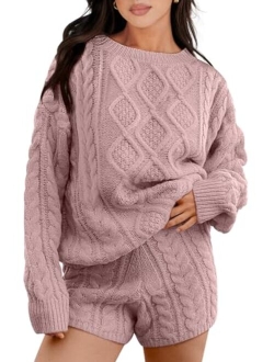 Womens 2 Piece Outfits Long Sleeve Cable Knit Chunky Oversized Pullover Sweaters Winter Lounge Loungewear Sets