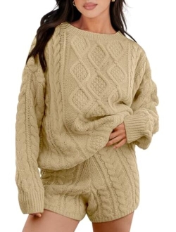 Womens 2 Piece Outfits Long Sleeve Cable Knit Chunky Oversized Pullover Sweaters Winter Lounge Loungewear Sets