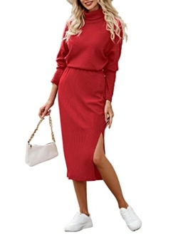 Women's 2024 Winter 2 Piece Tracksuit Long Sleeve Turtleneck Ribbed Top And Midi Skirt Dress Sets