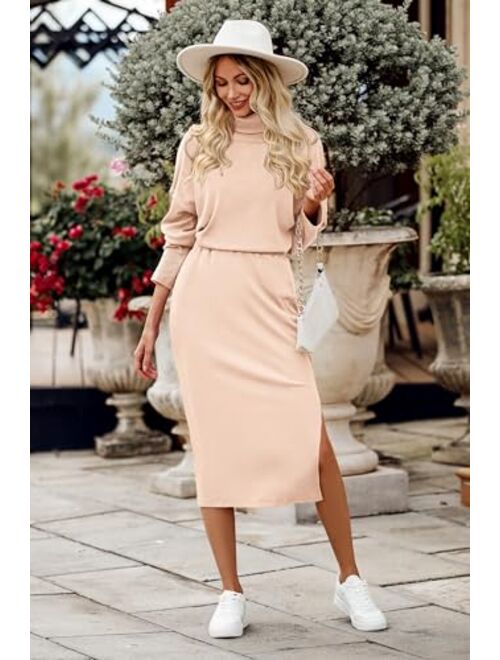 PRETTYGARDEN Women's 2024 Winter 2 Piece Tracksuit Long Sleeve Turtleneck Ribbed Top And Midi Skirt Dress Sets