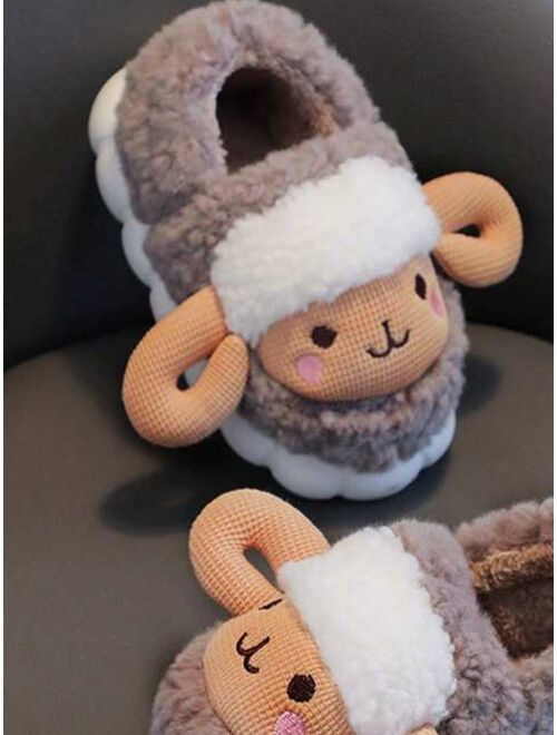 zhijinjiaju 1pair Winter Boys' Cartoon Lamb Design Indoor Home Slippers With Back Heel And Furry Lining