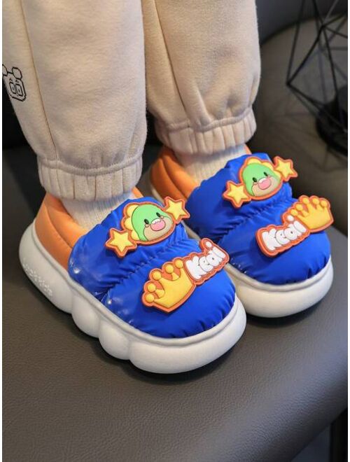 zhijinjiaju 1pair Cartoon Dinosaur Design Winter Slippers For Boys, With Heel Wrap And Fluffy Surface, For Kids' Indoor Use