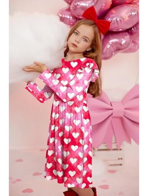 IIMMER Valentine's Day Girls Ruffle Shoulder Long Sleeve Tunic Midi Dress 4-12 Years