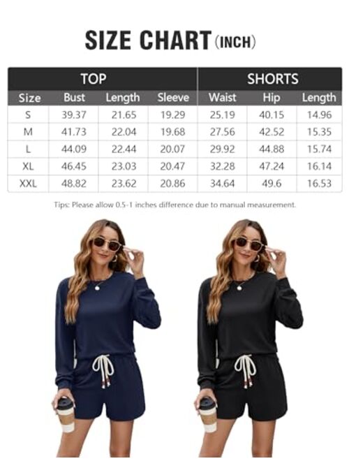 Micoson Womens 2 Piece Outfits Lounge Set Long Sleeve Tops and Shorts Loungewear Set with Pockets