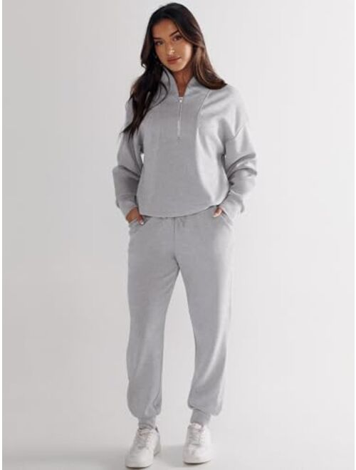 ANRABESS Womens 2 Piece Outfits Sweatsuit Half Zip Long Sleeve Cropped Sweatshirt Jogger Sweatpants Travel Tracksuit Set