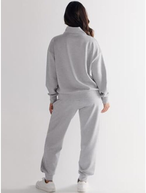 ANRABESS Womens 2 Piece Outfits Sweatsuit Half Zip Long Sleeve Cropped Sweatshirt Jogger Sweatpants Travel Tracksuit Set