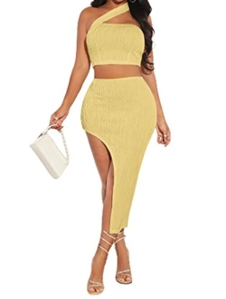 Women's 2 Piece Outfits One Shoulder Crop Top and Split Bodycon Skirt Sets