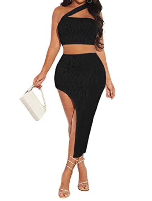 Verdusa Women's 2 Piece Outfits One Shoulder Crop Top and Split Bodycon Skirt Sets