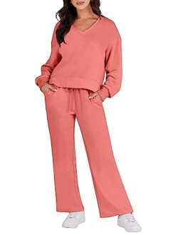 Caracilia Women's Two Piece Outfits Matching Sets Long Sleeve Pullover Tops and Wide Leg Pants Tracksuit Lounge Sets