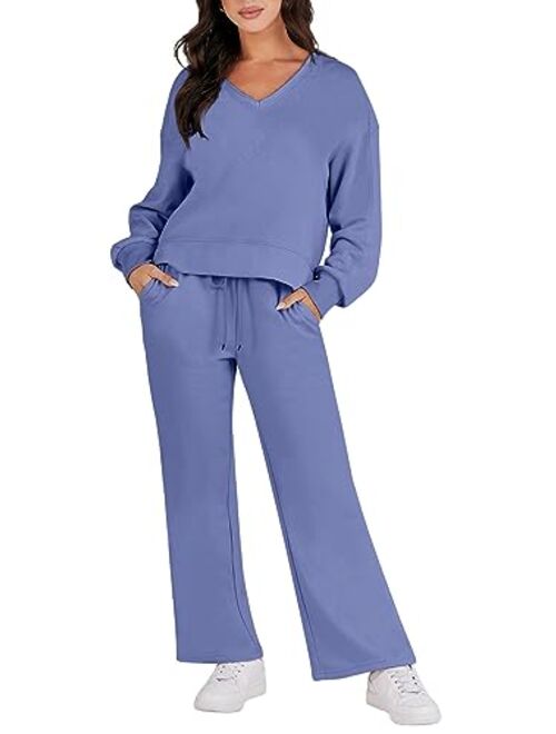 Caracilia Women's Two Piece Outfits Matching Sets Long Sleeve Pullover Tops and Wide Leg Pants Tracksuit Lounge Sets